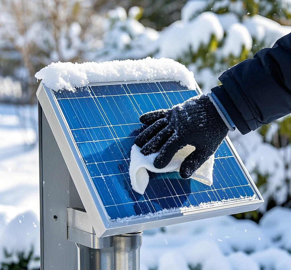 High-efficiency winter solar panels covered in snow